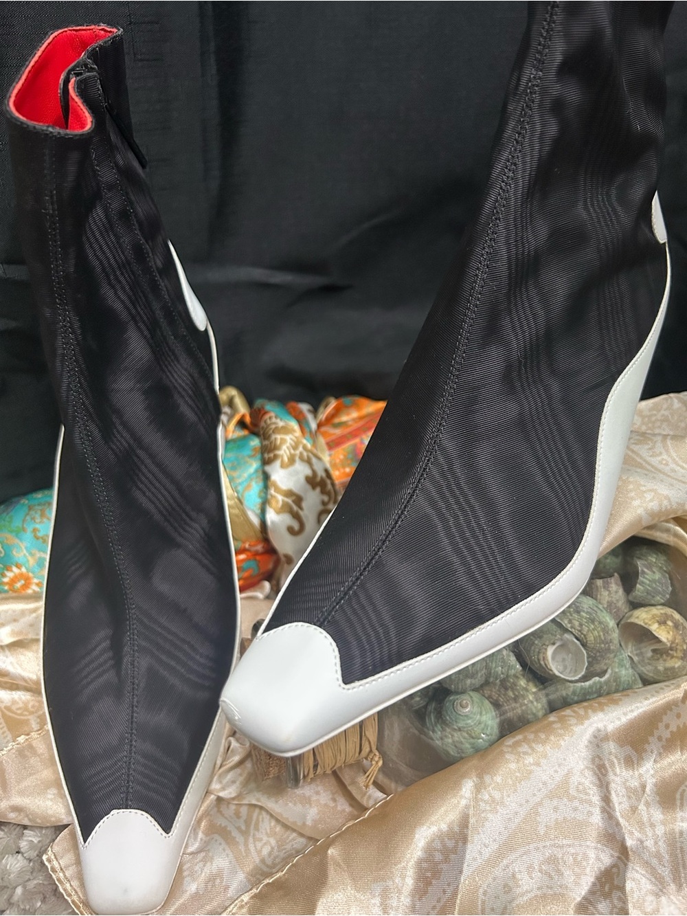 Jimmy Choo Black Stretch Sock Boots with White Toe Accents and Red Lining